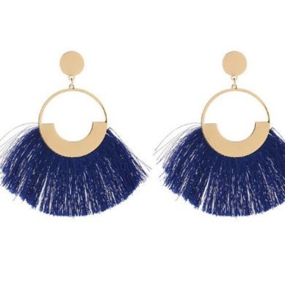 NEW Boho Long Tassels Earrings Gold Blue - Picture 2 of 7